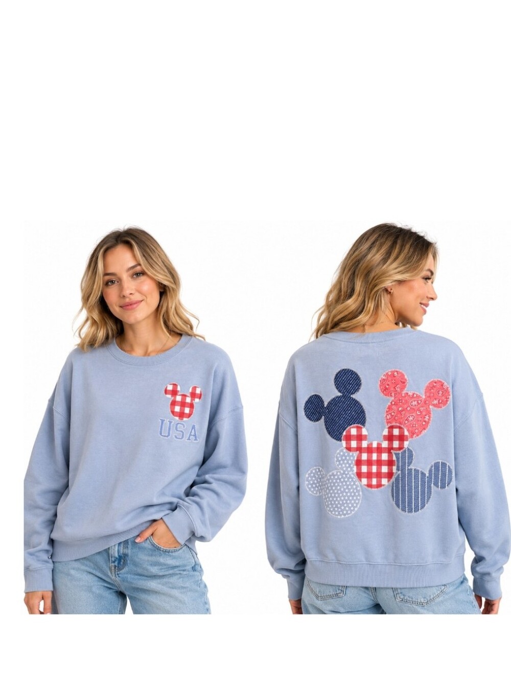 Disney Grayson Threads XL Mickey Mouse USA Patchwork Blue Sweatshirt NWT